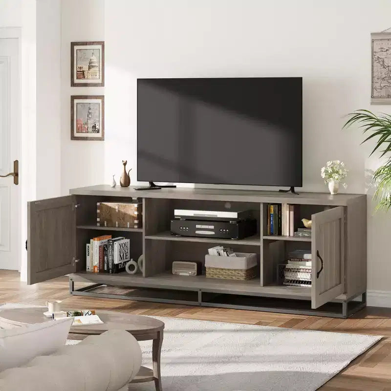 Meuble TV avec pieds en métal et étagères réglables, Meuble console en bois pour salon et chambre à coucher