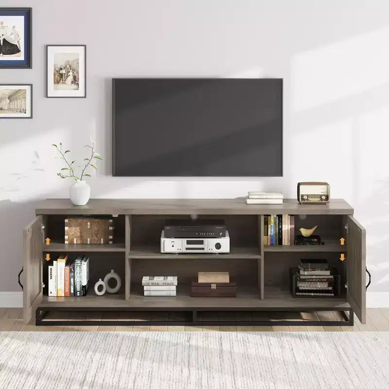 Meuble TV avec pieds en métal et étagères réglables, Meuble console en bois pour salon et chambre à coucher