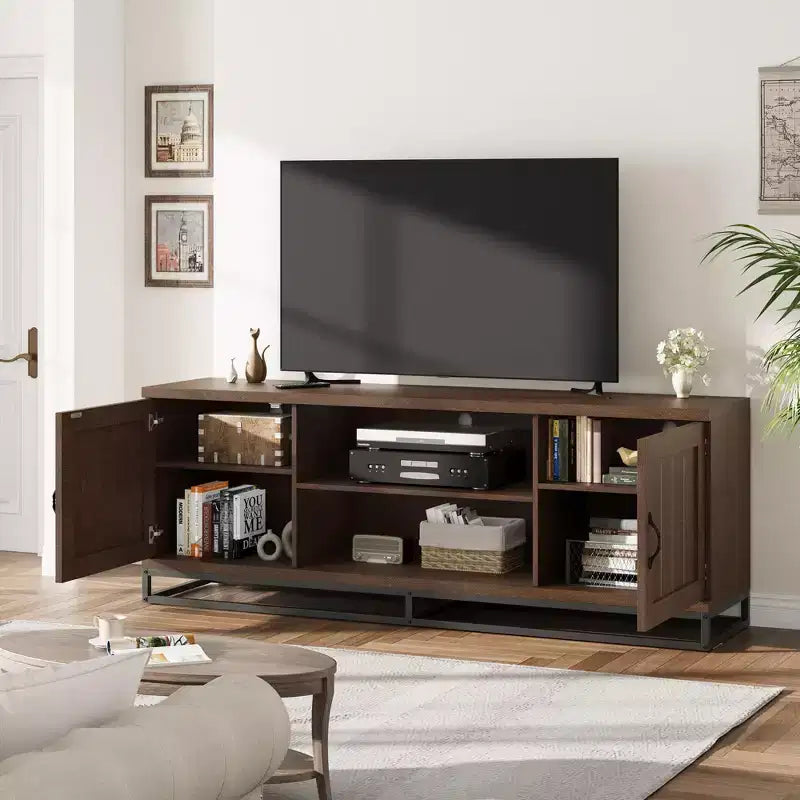 Meuble TV avec pieds en métal et étagères réglables, Meuble console en bois pour salon et chambre à coucher