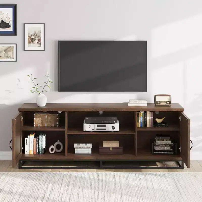 Meuble TV avec pieds en métal et étagères réglables, Meuble console en bois pour salon et chambre à coucher