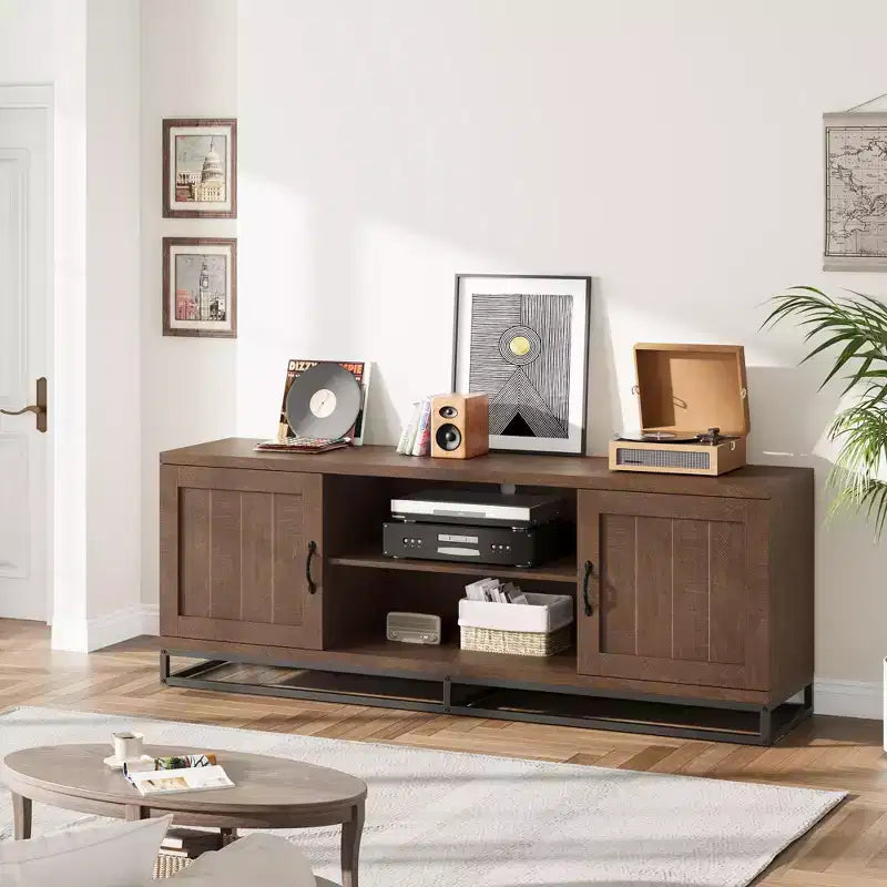 Meuble TV avec pieds en métal et étagères réglables, Meuble console en bois pour salon et chambre à coucher