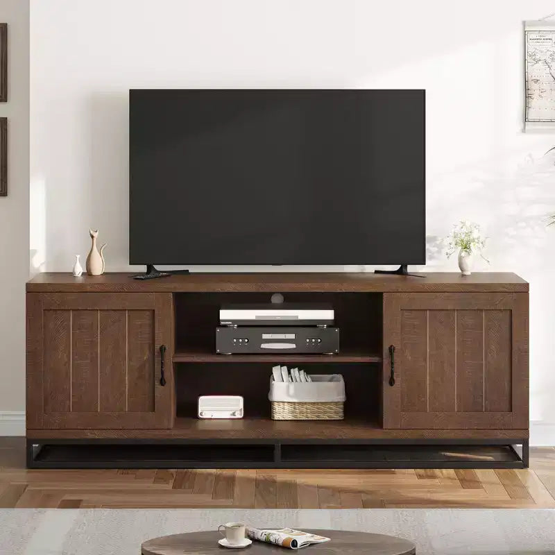 Meuble TV avec pieds en métal et étagères réglables, Meuble console en bois pour salon et chambre à coucher