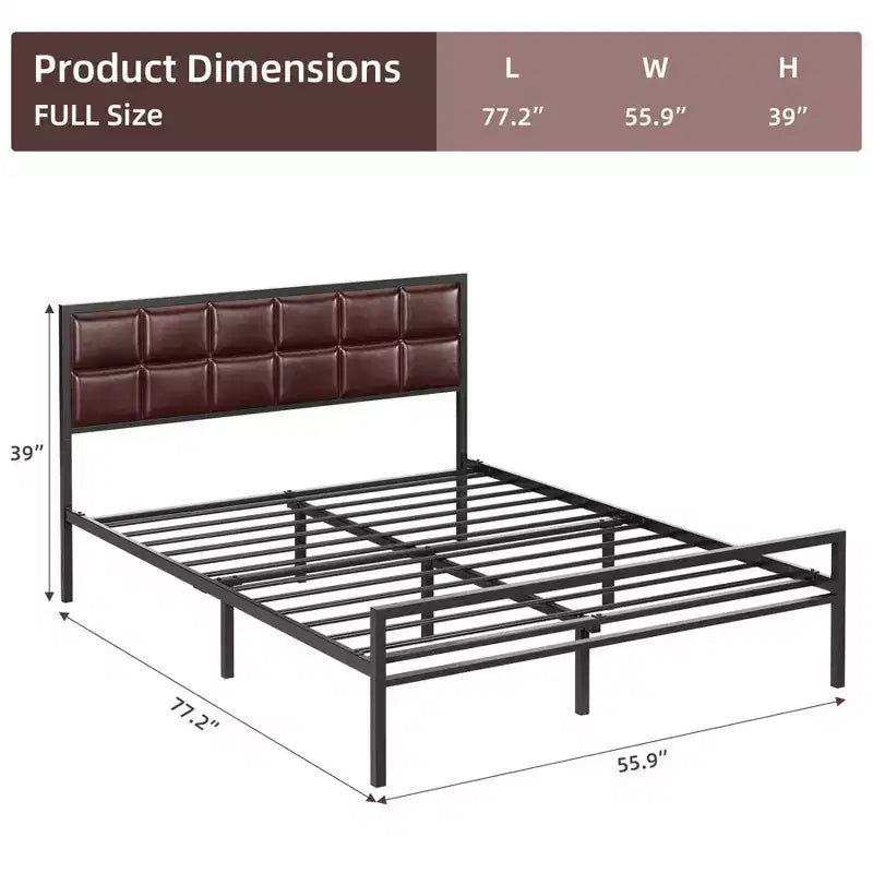 Cadre de lit en métal robuste avec plateforme et tête de lit rembourrée en similicuir chocolat, 25 cm d'espace de rangement sous le lit