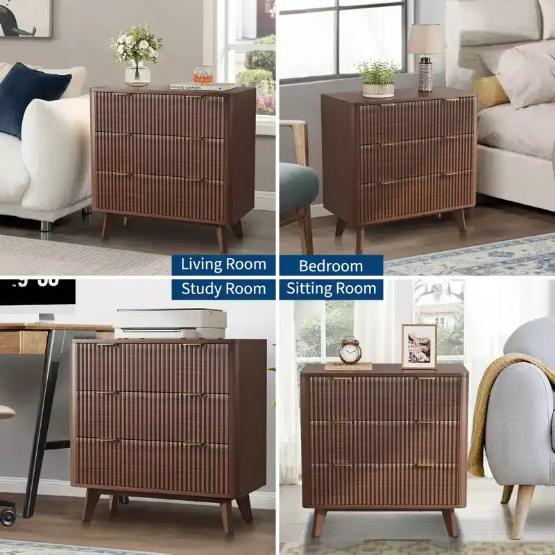 Table de chevet cannelée moderne avec plateau effet marbre, commode de chevet à 3 tiroirs avec profil incurvé