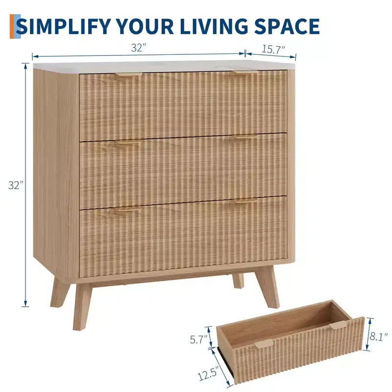 Table de chevet cannelée moderne avec plateau effet marbre, commode de chevet à 3 tiroirs avec profil incurvé