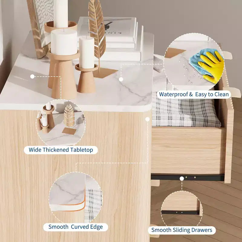 Table de chevet cannelée moderne avec plateau effet marbre, commode de chevet à 3 tiroirs avec profil incurvé