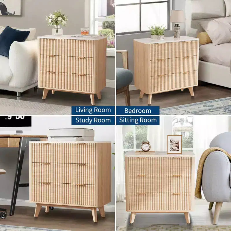 Table de chevet cannelée moderne avec plateau effet marbre, commode de chevet à 3 tiroirs avec profil incurvé