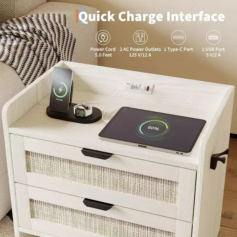 Table de chevet en rotin avec station de charge USB-C, Table de nuit bohème avec 2 tiroirs