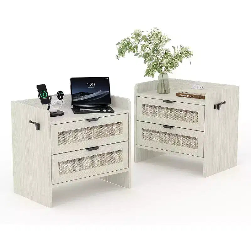 Table de chevet en rotin avec station de charge USB-C, Table de nuit bohème avec 2 tiroirs