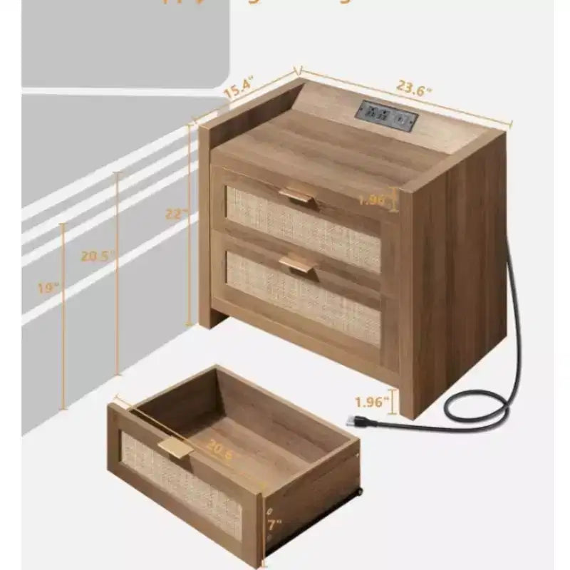 Table de chevet en rotin avec station de charge USB-C, Table de nuit bohème avec 2 tiroirs