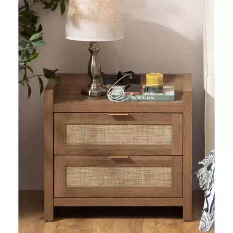 Table de chevet en rotin avec station de charge USB-C, Table de nuit bohème avec 2 tiroirs