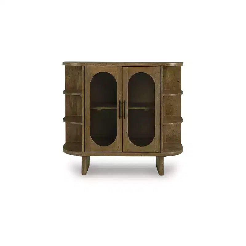 Meuble d'appoint Mid-Century, bois de manguier massif, marron clair, portes vitrées