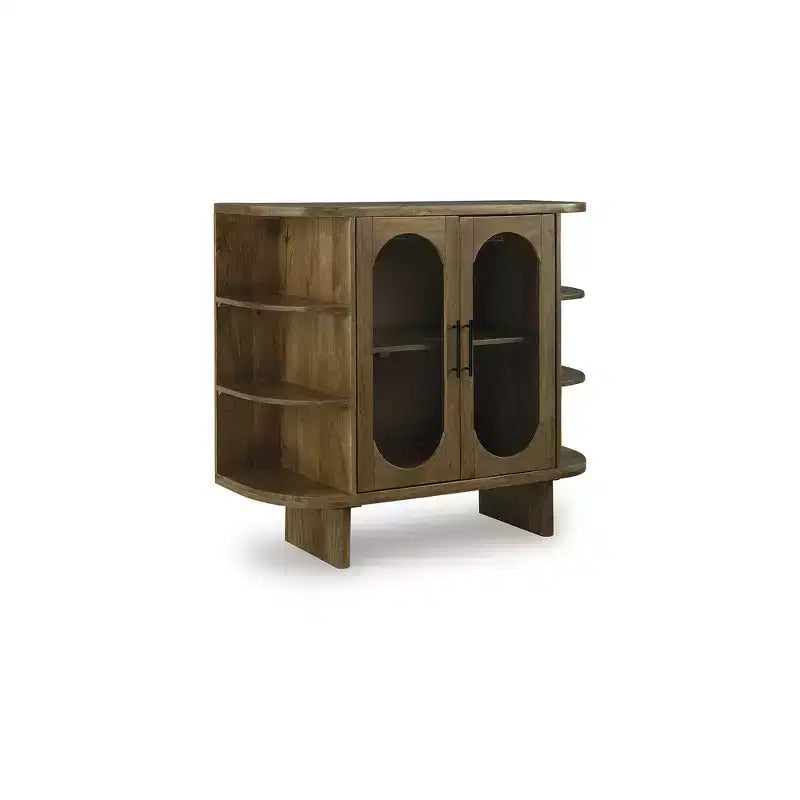 Meuble d'appoint Mid-Century, bois de manguier massif, marron clair, portes vitrées
