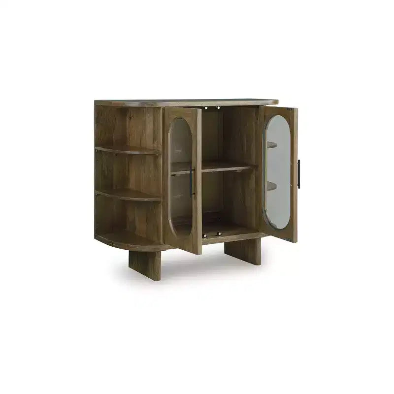 Meuble d'appoint Mid-Century, bois de manguier massif, marron clair, portes vitrées