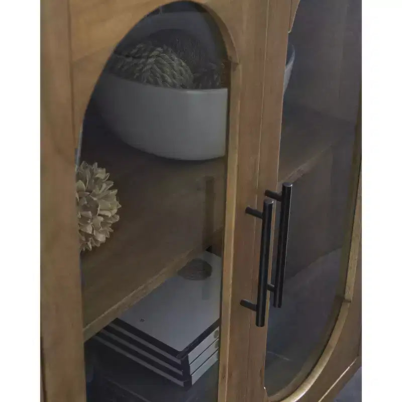 Meuble d'appoint Mid-Century, bois de manguier massif, marron clair, portes vitrées