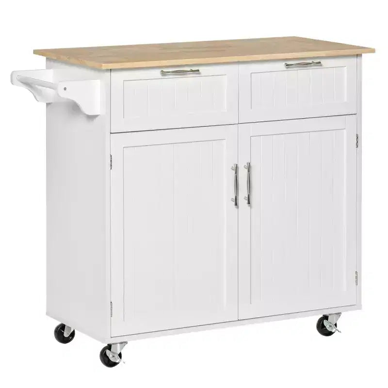 Îlot de cuisine moderne sur roulettes avec plateau en hévéa et tiroirs