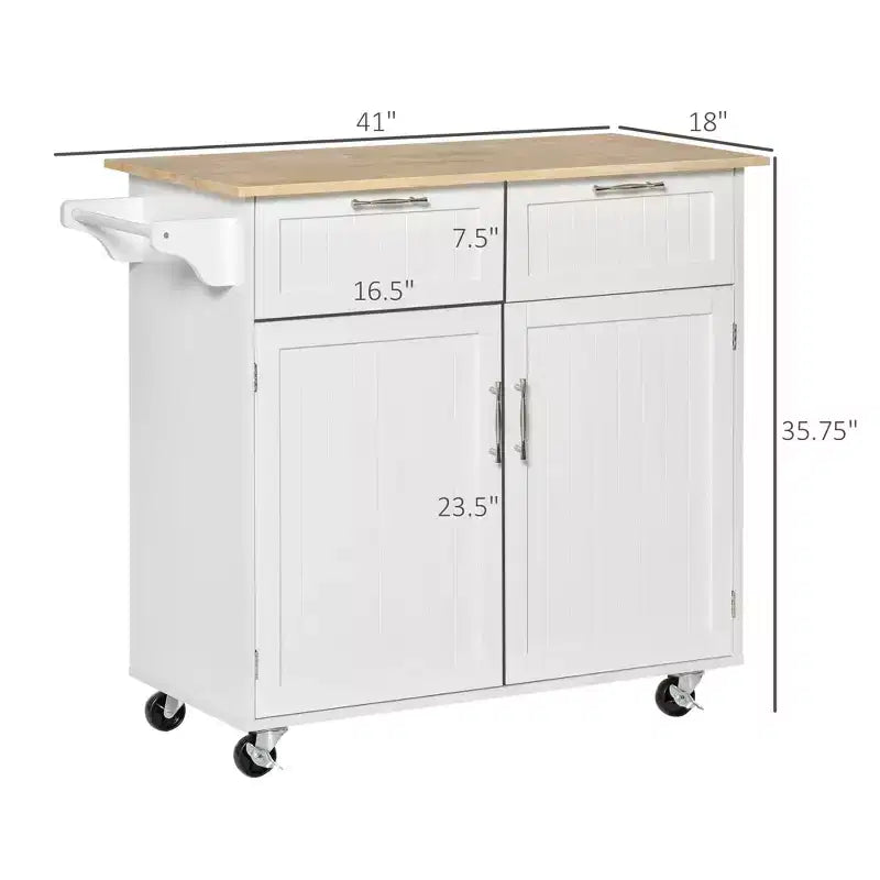Îlot de cuisine moderne sur roulettes avec plateau en hévéa et tiroirs