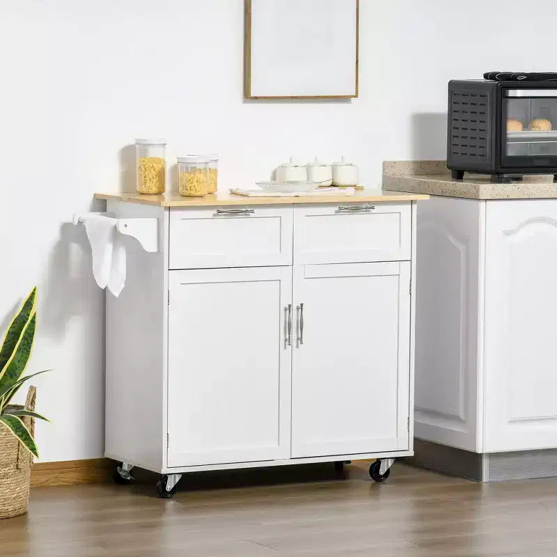 Îlot de cuisine moderne sur roulettes avec plateau en hévéa et tiroirs