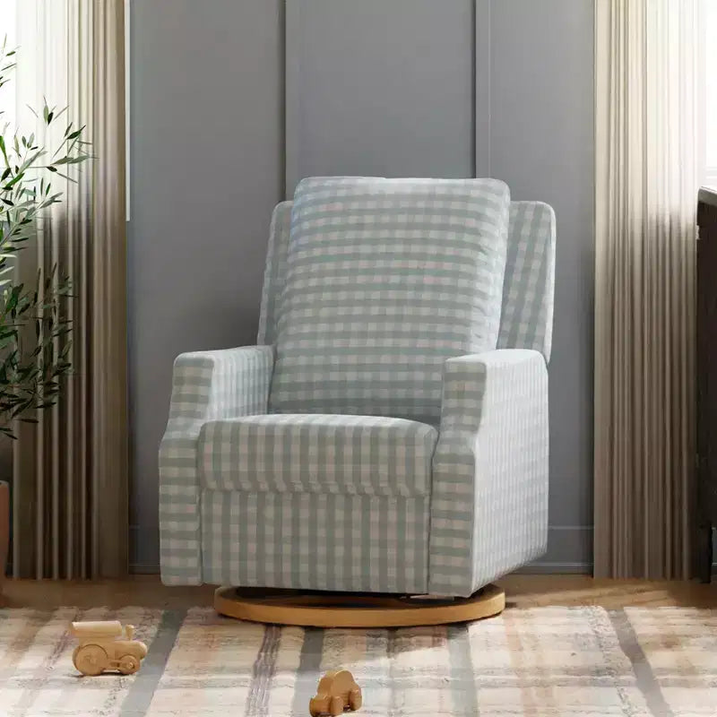 Fauteuil inclinable électronique et planeur pivotant - Vichy bleu avec base en bois clair