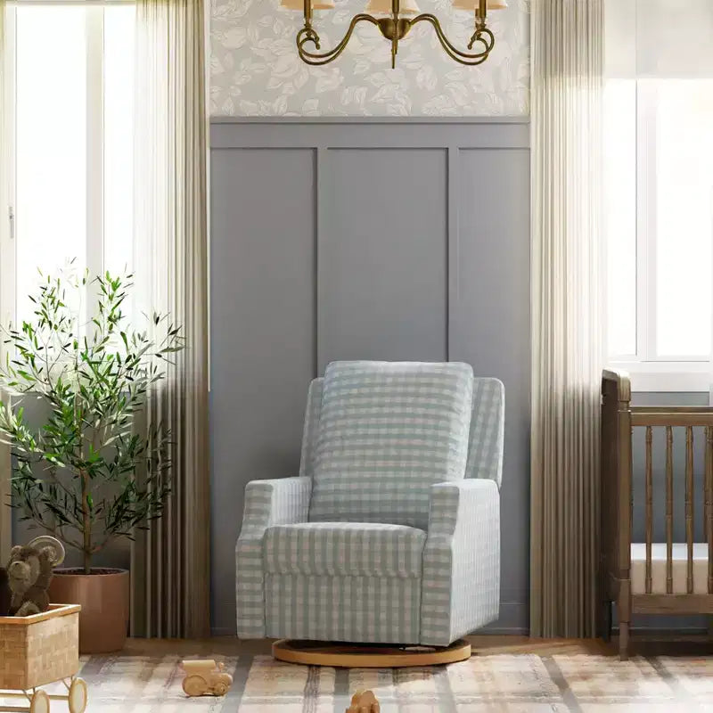 Fauteuil inclinable électronique et planeur pivotant - Vichy bleu avec base en bois clair