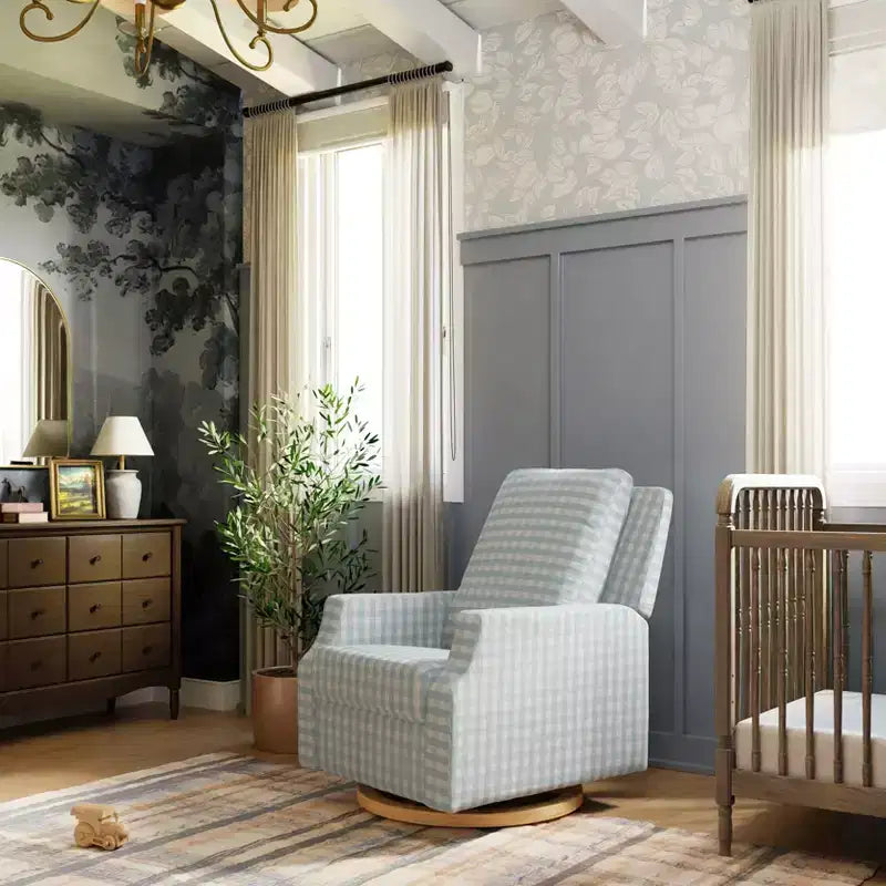 Fauteuil inclinable électronique et planeur pivotant - Vichy bleu avec base en bois clair
