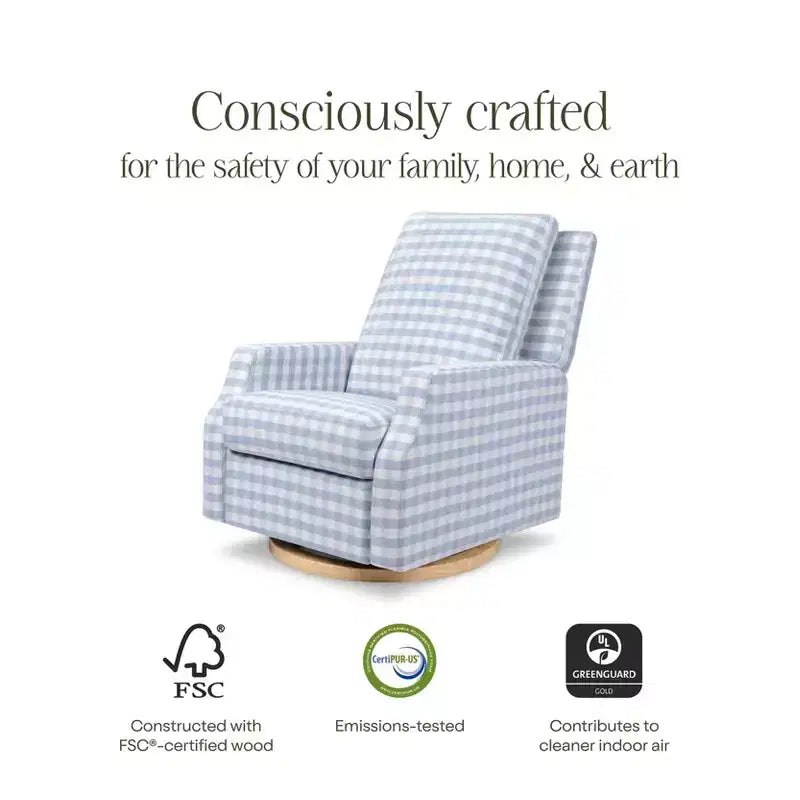 Fauteuil inclinable électronique et planeur pivotant - Vichy bleu avec base en bois clair