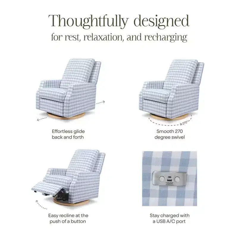 Fauteuil inclinable électronique et planeur pivotant - Vichy bleu avec base en bois clair