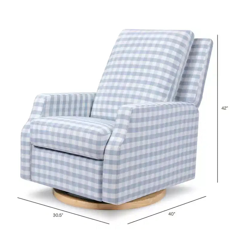 Fauteuil inclinable électronique et planeur pivotant - Vichy bleu avec base en bois clair