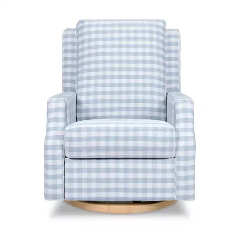 Fauteuil inclinable électronique et planeur pivotant - Vichy bleu avec base en bois clair