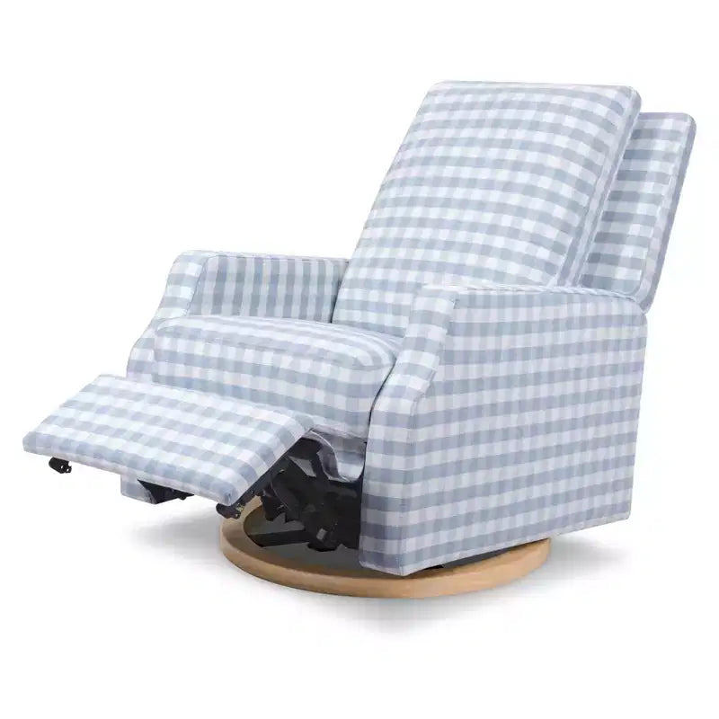 Fauteuil inclinable électronique et planeur pivotant - Vichy bleu avec base en bois clair