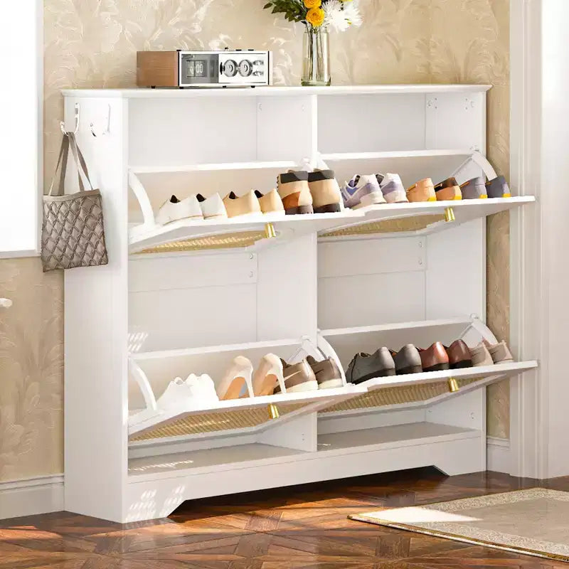 Meuble à chaussures étroit en rotin avec 4 tiroirs basculants – Étagère à chaussures autoportante pour entrée