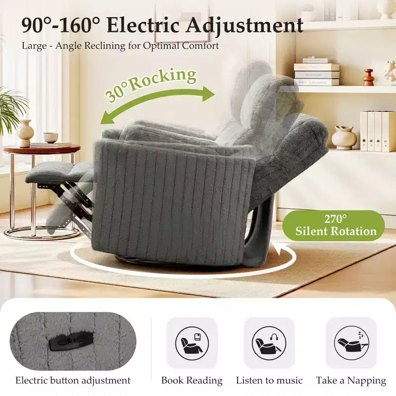 Fauteuil inclinable électrique, fauteuil inclinable berçant pivotant avec ports USB