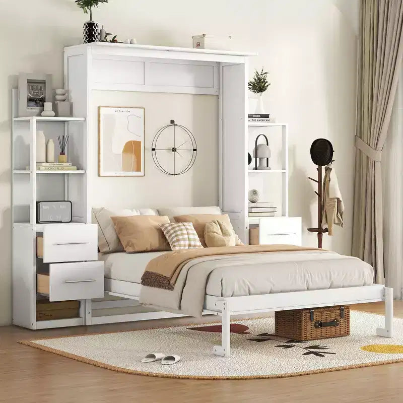 Lit escamotable mural Murphy avec étagères, tiroirs et lumières LED, armoire peu encombrante pour chambre d'amis ou bureau à domicile
