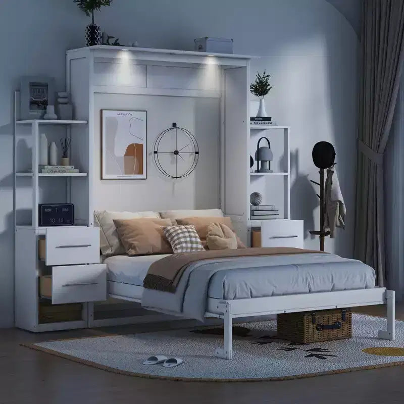 Lit escamotable mural Murphy avec étagères, tiroirs et lumières LED, armoire peu encombrante pour chambre d'amis ou bureau à domicile