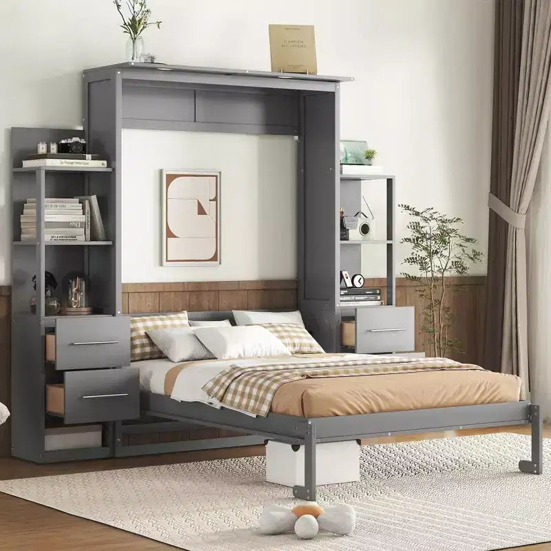 Lit escamotable mural Murphy avec étagères, tiroirs et lumières LED, armoire peu encombrante pour chambre d'amis ou bureau à domicile