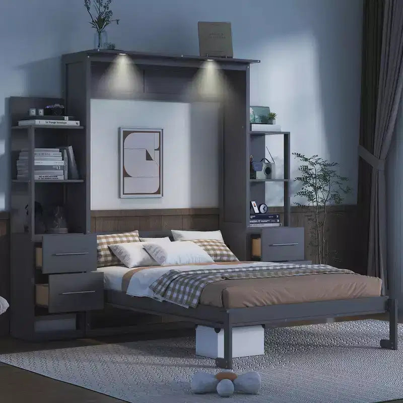 Lit escamotable mural Murphy avec étagères, tiroirs et lumières LED, armoire peu encombrante pour chambre d'amis ou bureau à domicile