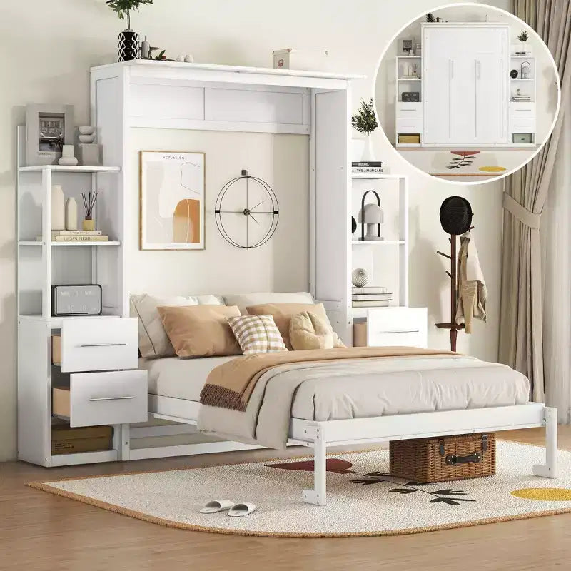 Lit escamotable mural Murphy avec étagères, tiroirs et lumières LED, armoire peu encombrante pour chambre d'amis ou bureau à domicile