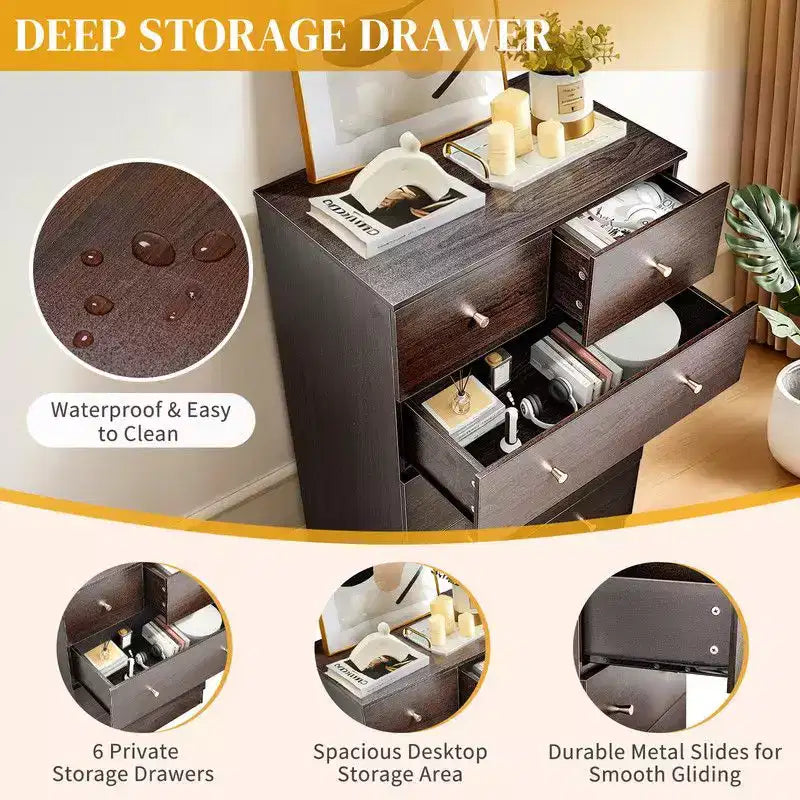 Commode à 6 tiroirs pour chambre à coucher, chiffonnier avec organisateur de rangement en bois robuste pour placard, marron