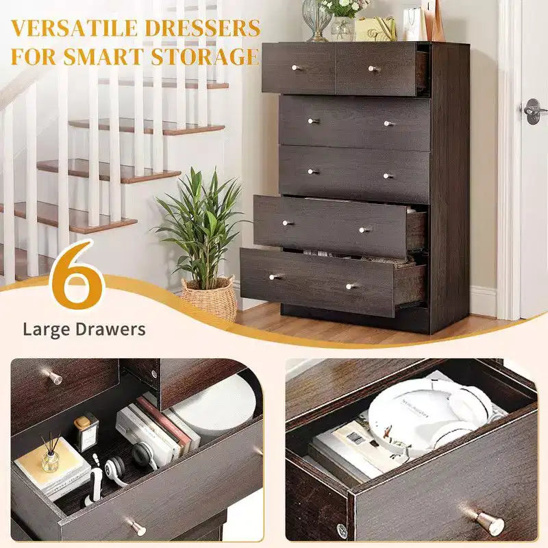 Commode à 6 tiroirs pour chambre à coucher, chiffonnier avec organisateur de rangement en bois robuste pour placard, marron