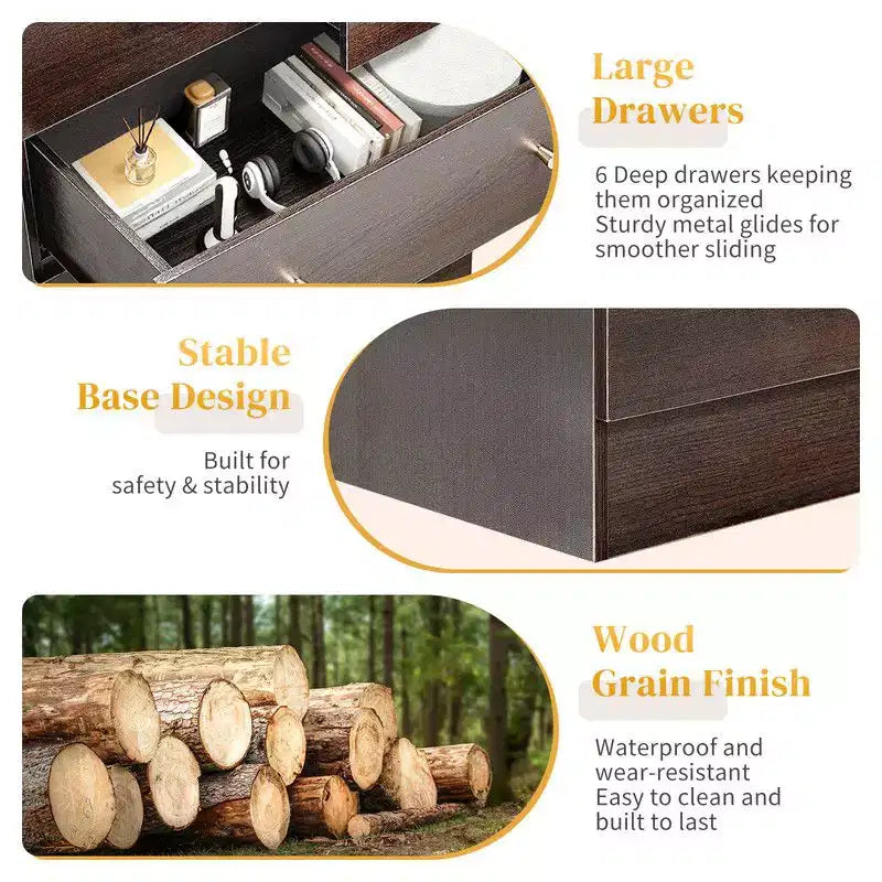 Commode à 6 tiroirs pour chambre à coucher, chiffonnier avec organisateur de rangement en bois robuste pour placard, marron