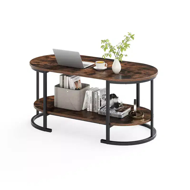 Table basse ovale avec pieds de support en métal pour appartement, bureau, réception, marron rustique