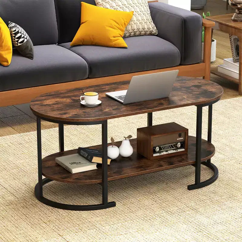 Table basse ovale avec pieds de support en métal pour appartement, bureau, réception, marron rustique