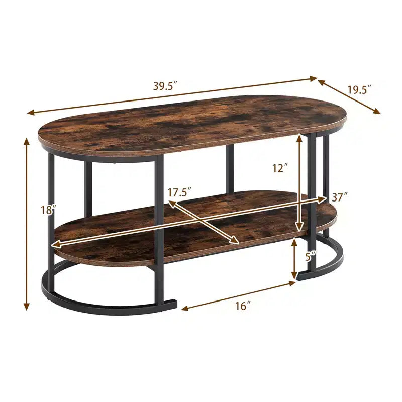 Table basse ovale avec pieds de support en métal pour appartement, bureau, réception, marron rustique