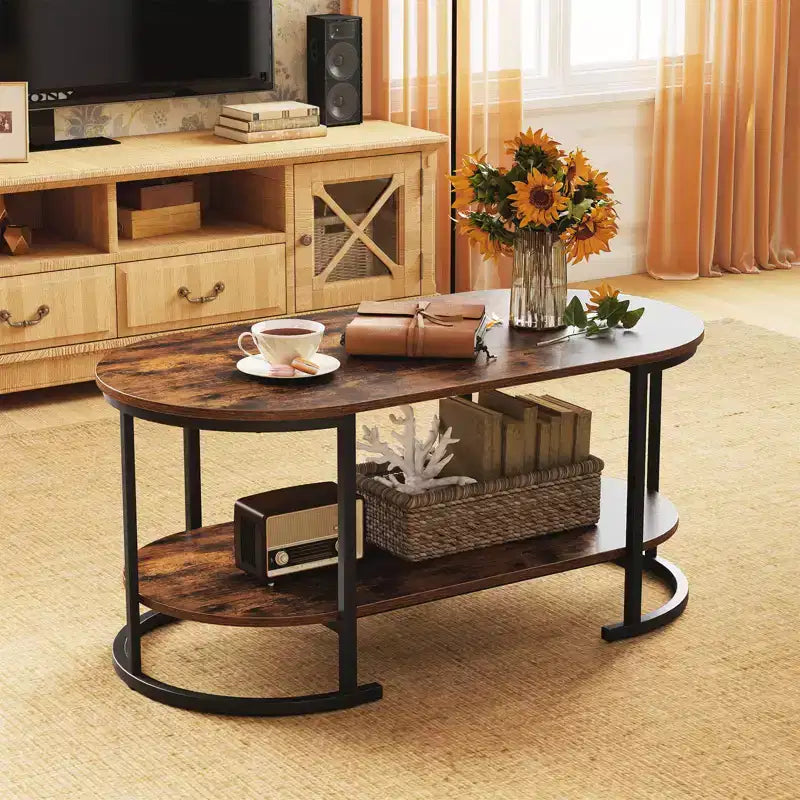 Table basse ovale avec pieds de support en métal pour appartement, bureau, réception, marron rustique