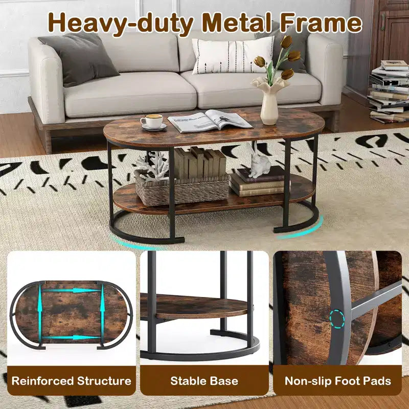 Table basse ovale avec pieds de support en métal pour appartement, bureau, réception, marron rustique