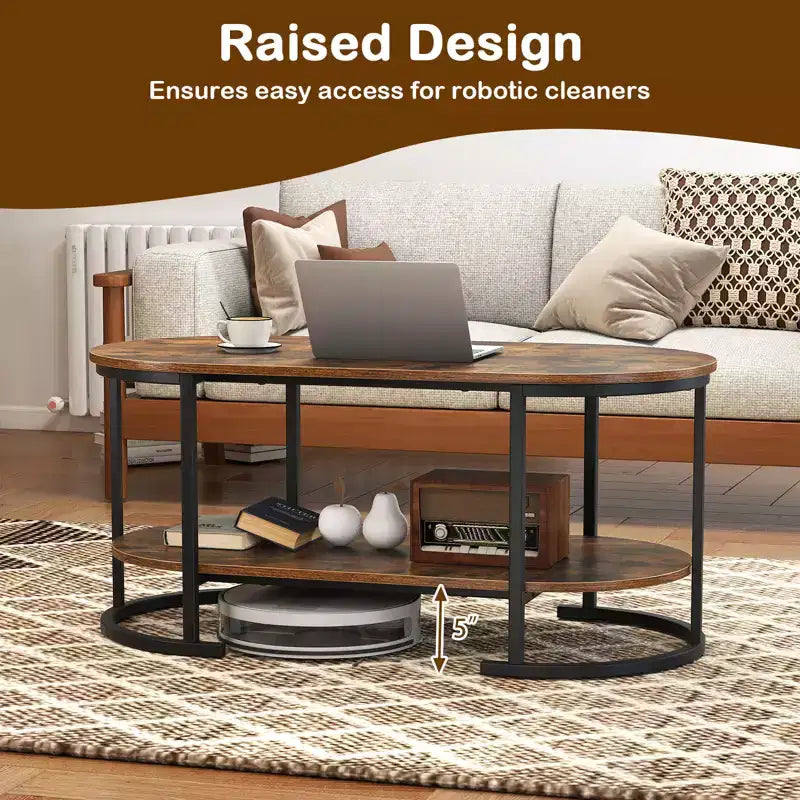 Table basse ovale avec pieds de support en métal pour appartement, bureau, réception, marron rustique