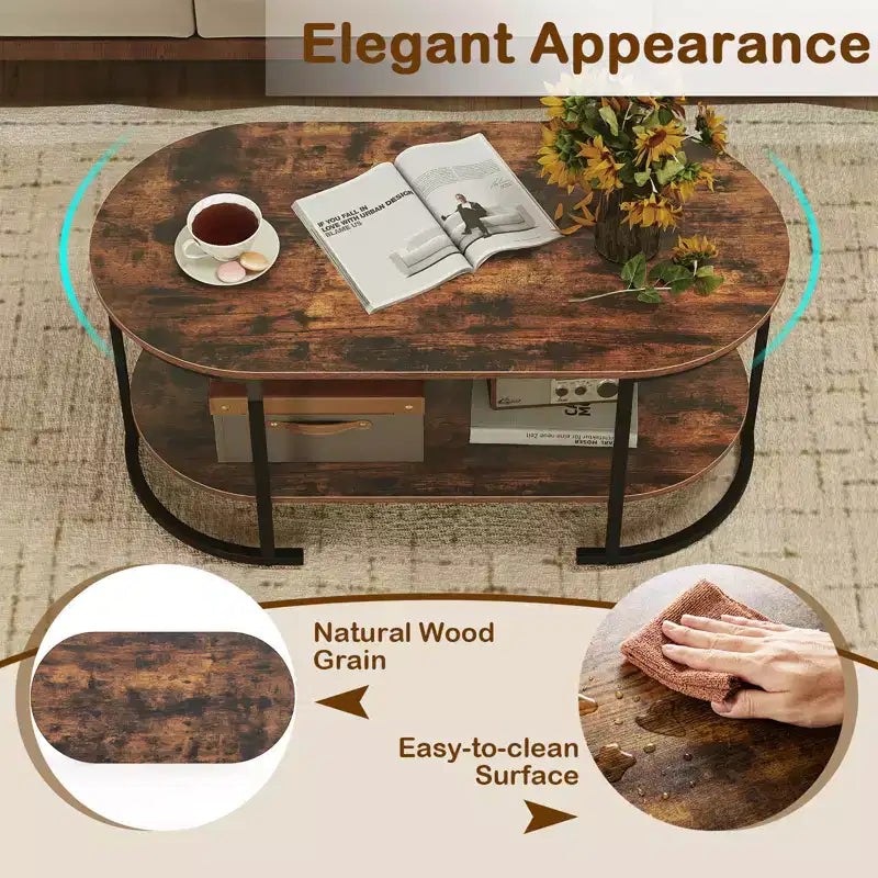 Table basse ovale avec pieds de support en métal pour appartement, bureau, réception, marron rustique