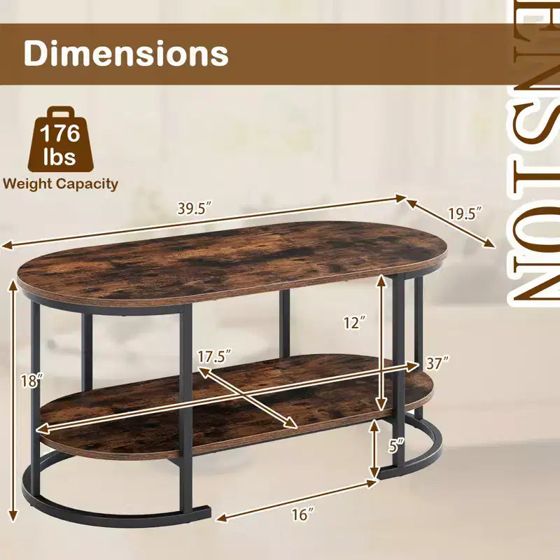Table basse ovale avec pieds de support en métal pour appartement, bureau, réception, marron rustique