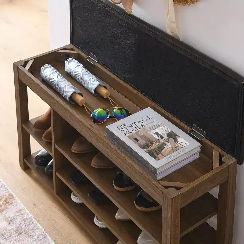 Banc à chaussures relevable avec étagères réglables et rangement dissimulé - Marron