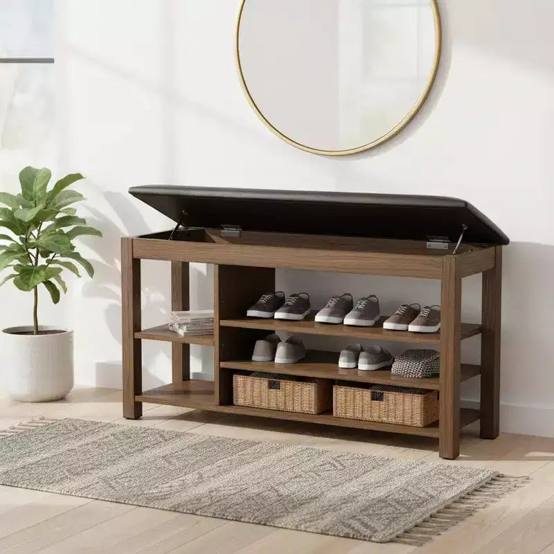 Banc à chaussures relevable avec étagères réglables et rangement dissimulé - Marron